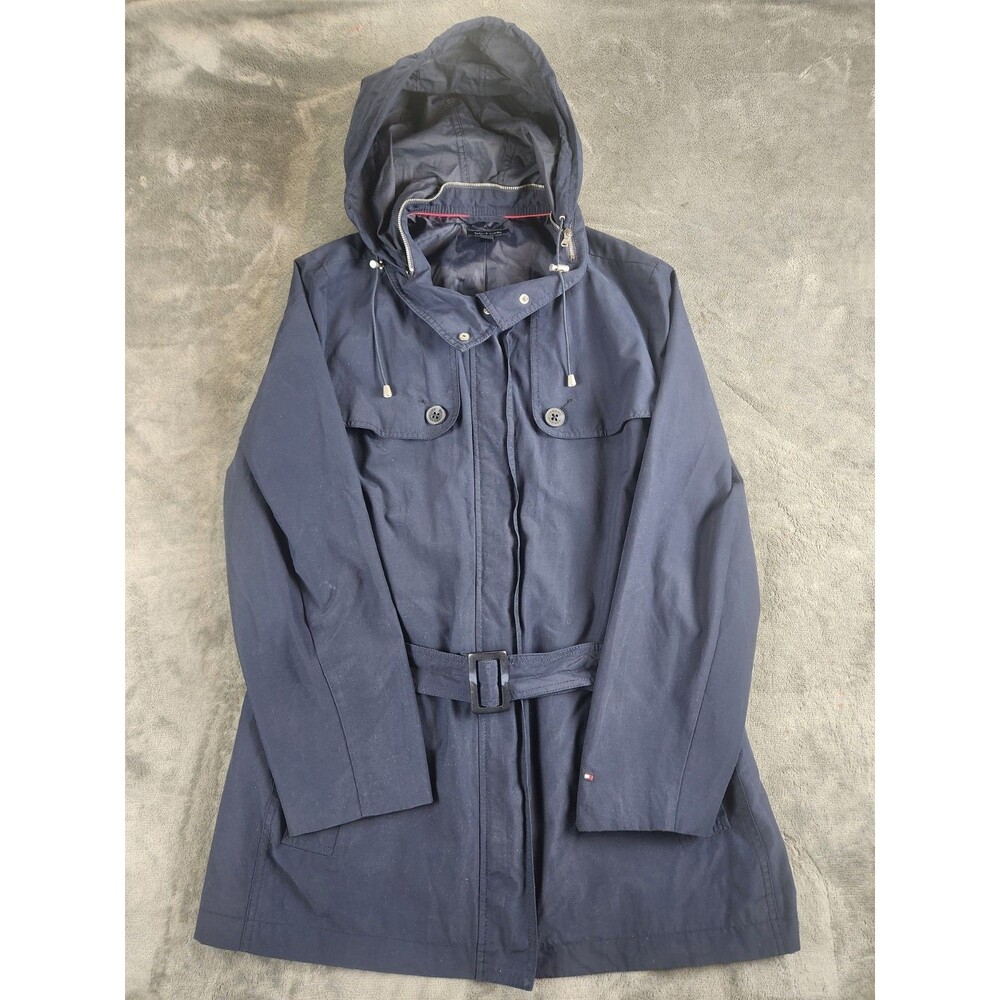 Tommy Hilfiger Women’s XXL Navy Hooded Belted Rain Trench Coat Cotton Blend